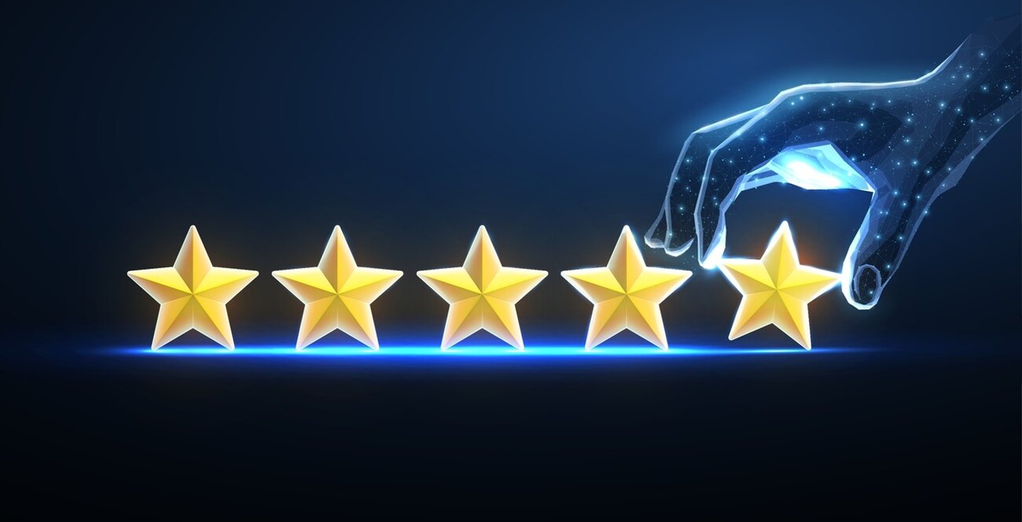 Digital review. 5 stars with digital hand. Best star rating, positive feedback, five stars servise, service quality, customer satisfaction, good experience, ai manage, survey concept; Shutterstock ID 2304923655