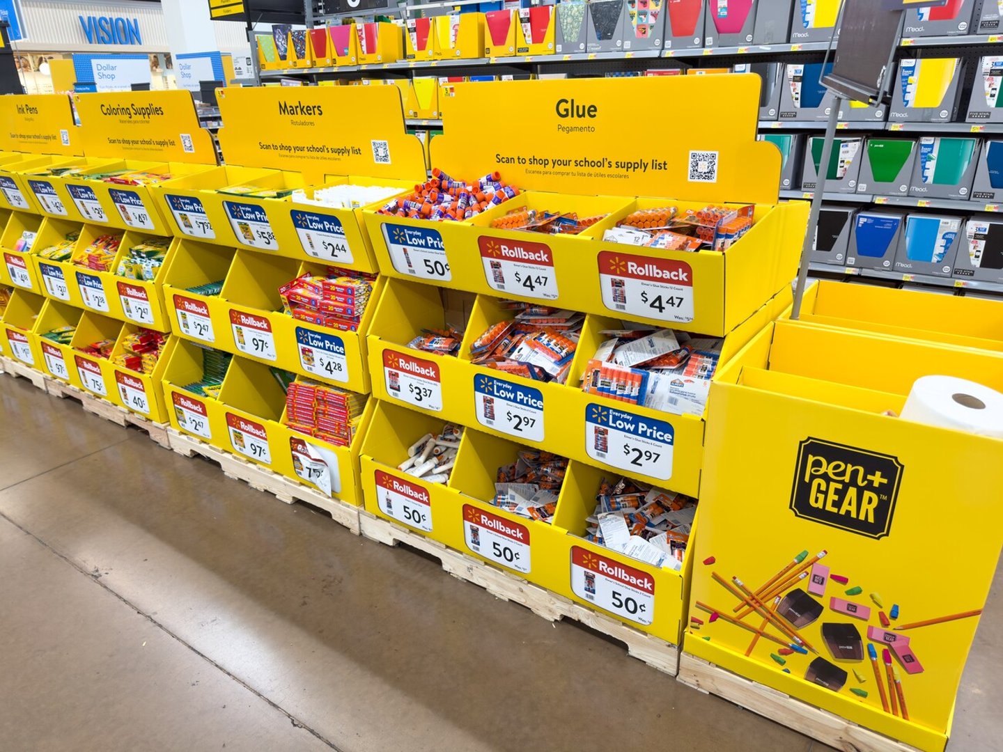 Los Angeles, CA - July 17, 2023: Back to School essentials for sale inside local Walmart store. Glue, markers, coloring supplies and pen bins.; Shutterstock ID 2336330565