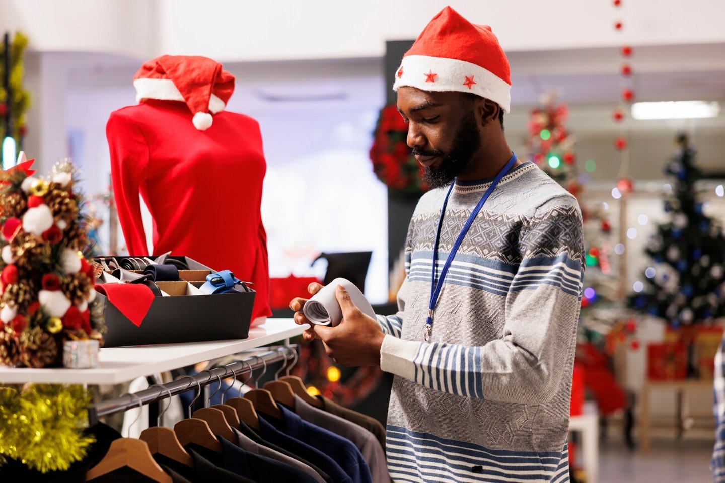 Cheerful man employee working in store during Christmas season discounts, arranging fashion items in festive decorated shop. African american mall assistant preparing clothing for shopping frenzy.; Shutterstock ID 2402348579