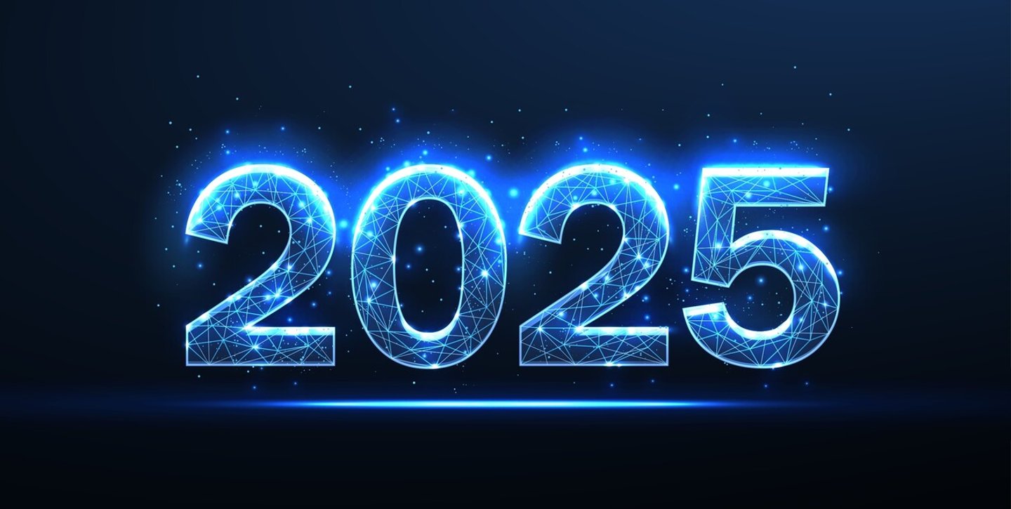 Digital numbers 2025. New year blue background. Low poly style. Web banner template. Calendar season 2025. Abstract wireframe vector illustration. Happy new year celebration. Digital transformation; Shutterstock ID 2432155521