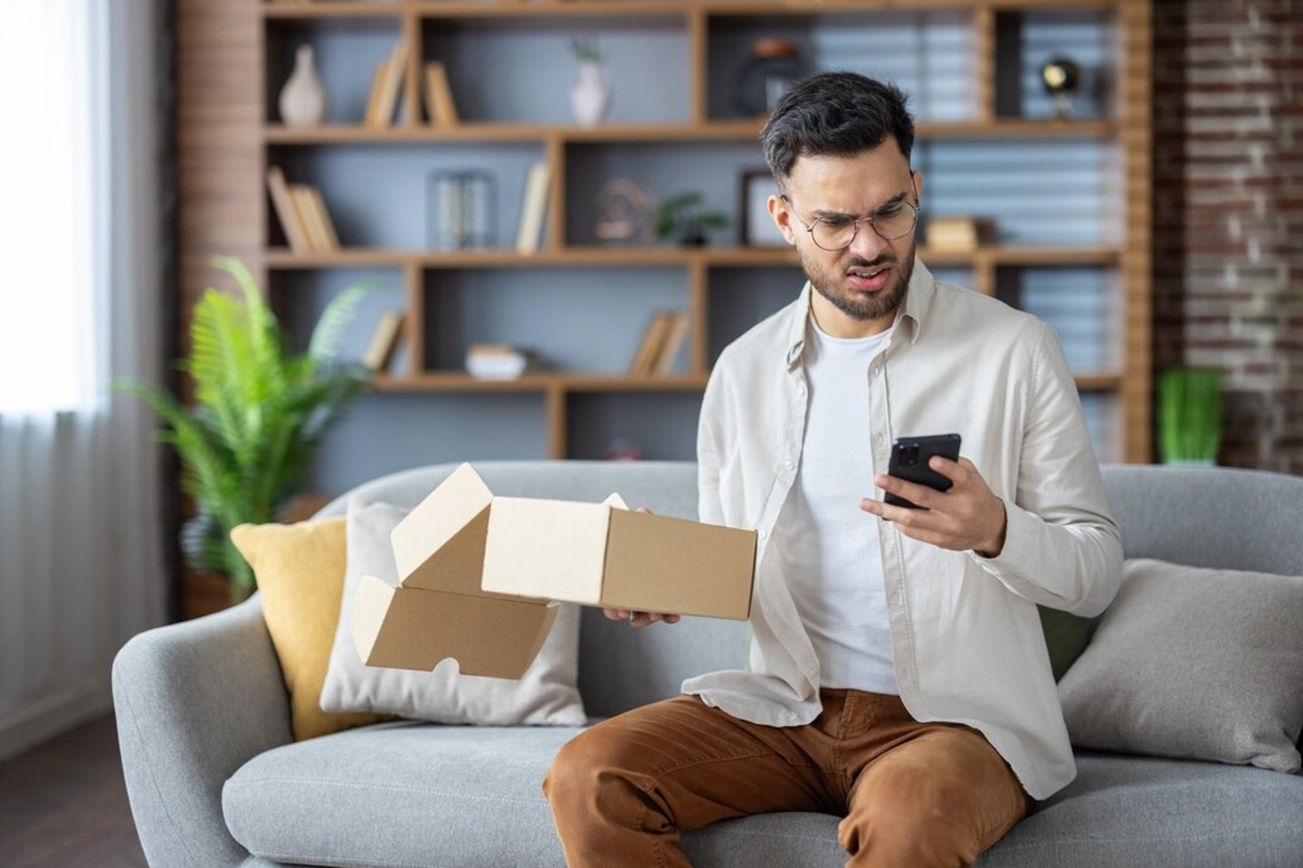 Angry young Indian man sitting on sofa at home, holding open parcel box and looking disappointedly at mobile phone, dialing delivery service with complaints.; Shutterstock ID 2480562869