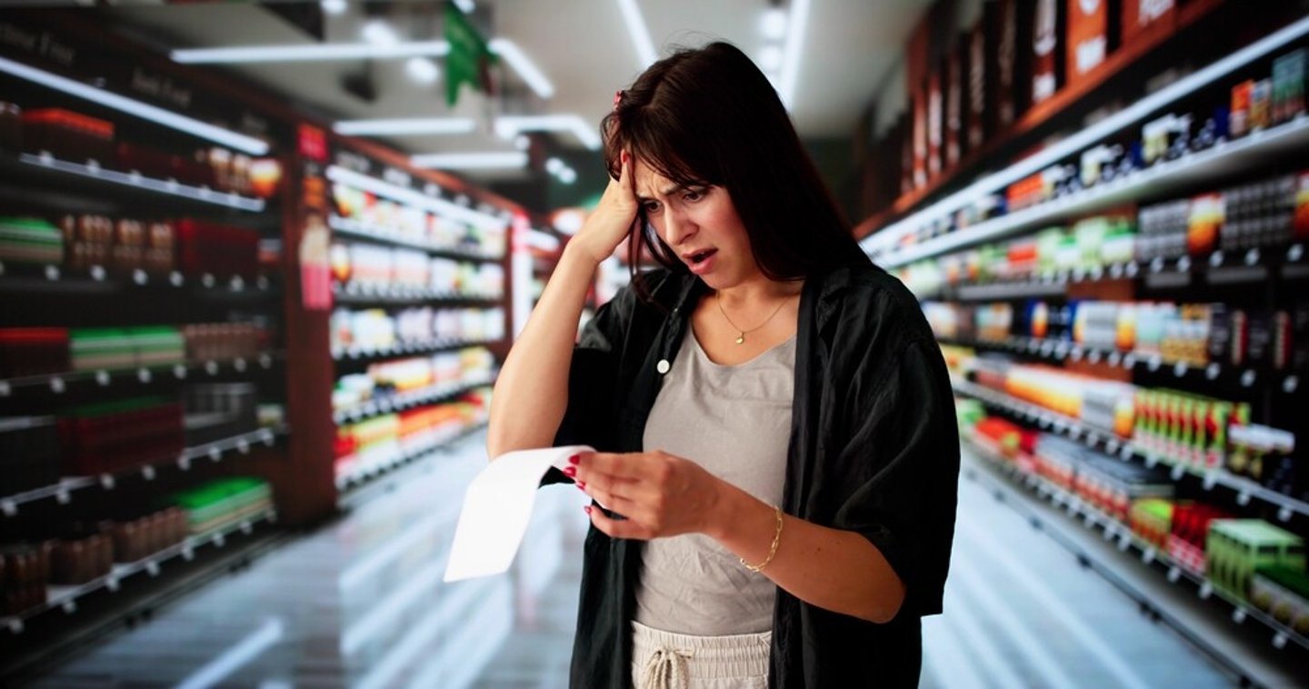 Customer At Grocery Store Or Supermarket With Receipt. Cost Inflation Shock; Shutterstock ID 2513871419