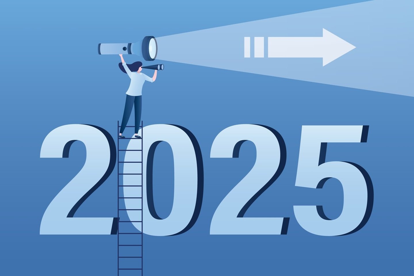 Economic prospects in 2025. Visionary illuminates future with flashlight. Businesswoman climbing stairs to look through binoculars at number 2025. Business opportunities and targets or goals. vector; Shutterstock ID 2524287847