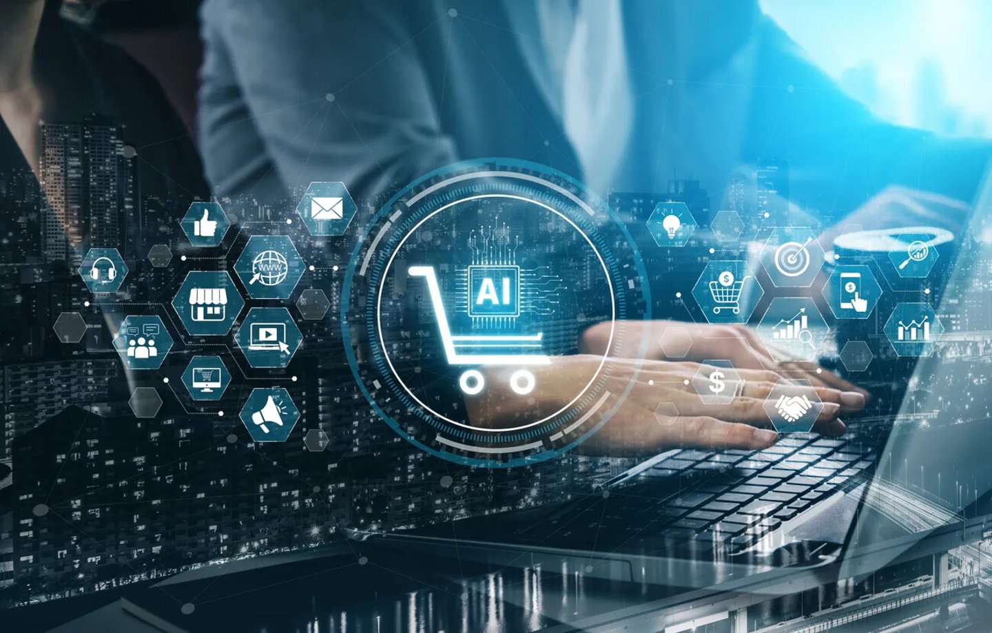 AI transforms ecommerce by enabling smart product recommendations, AI automated shopping decisions, and AI-powered ecommerce analytics to optimize customer experience and AI ecommerce success. Spline; Shutterstock ID 2664049613