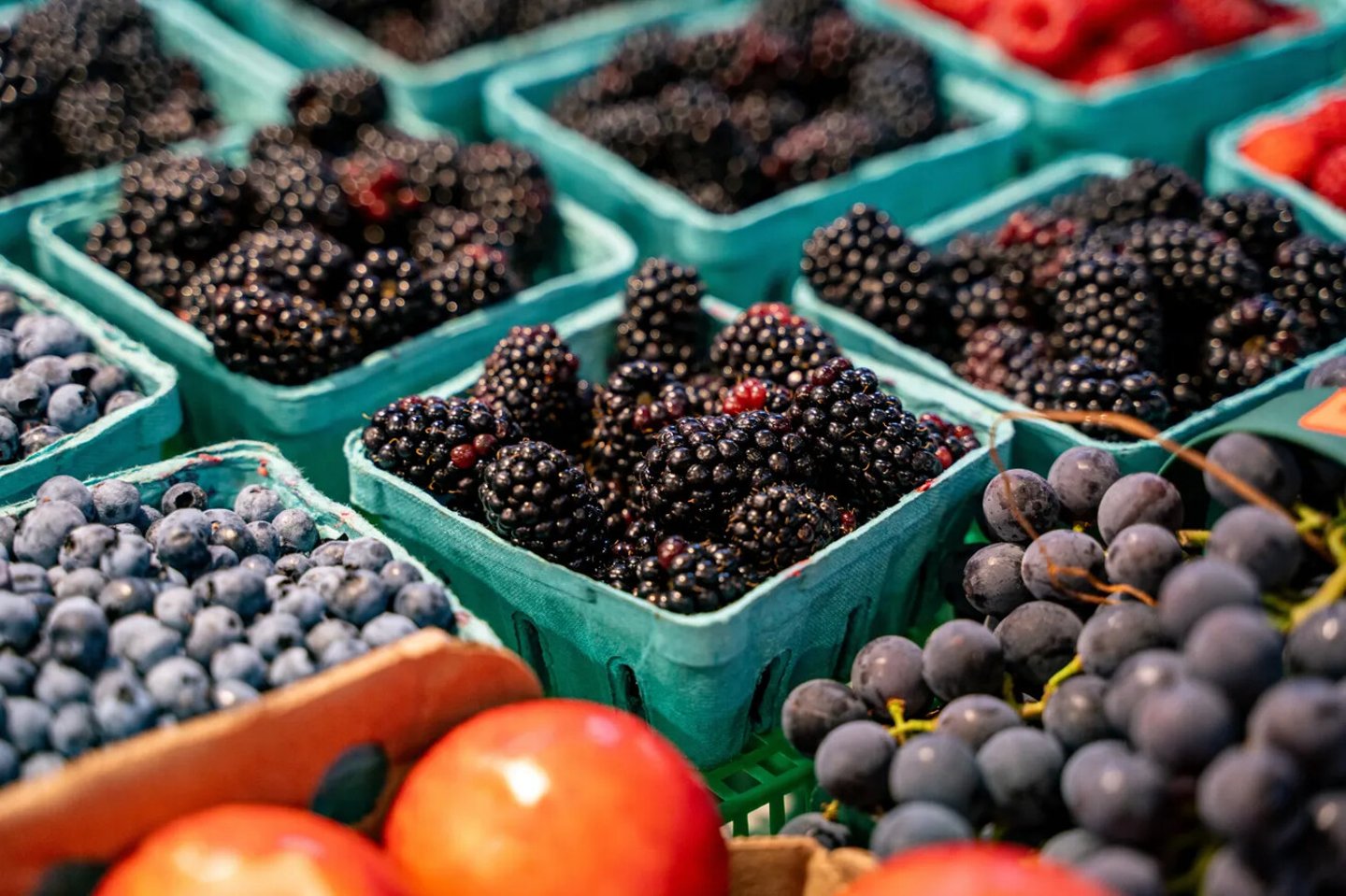 View of blackberries in grocery store.; Shutterstock ID 2666856559