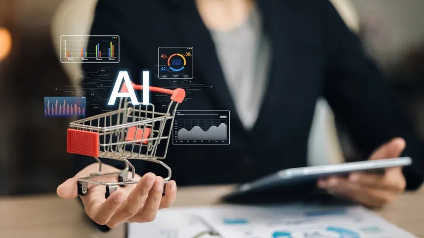 Artificial intelligence shopping cart with cutting-edge analytics dashboard covering e-commerce, online retail, digital marketing, automation and future business technology solutions.; Shutterstock ID 2676263505