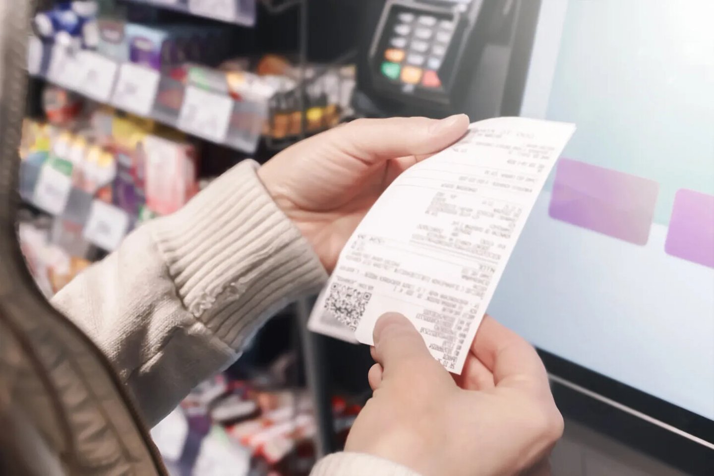 In a grocery store, a woman examines her receipt at a self-service checkout. She focuses on managing her family budget and tracking shopping expenses efficiently; Shutterstock ID 2696309939