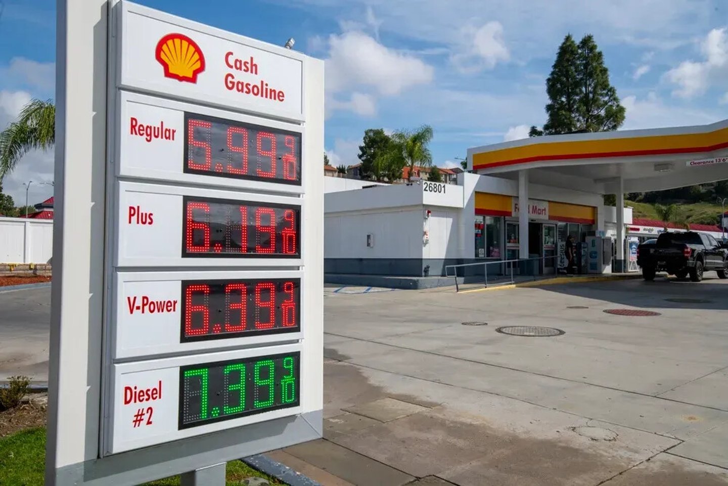 Saugus, Santa Clarita, California. 2026 April 2. Shell gas station sign and price of gasoline and diesel fuel. High gas prices; Shutterstock ID 2762136821