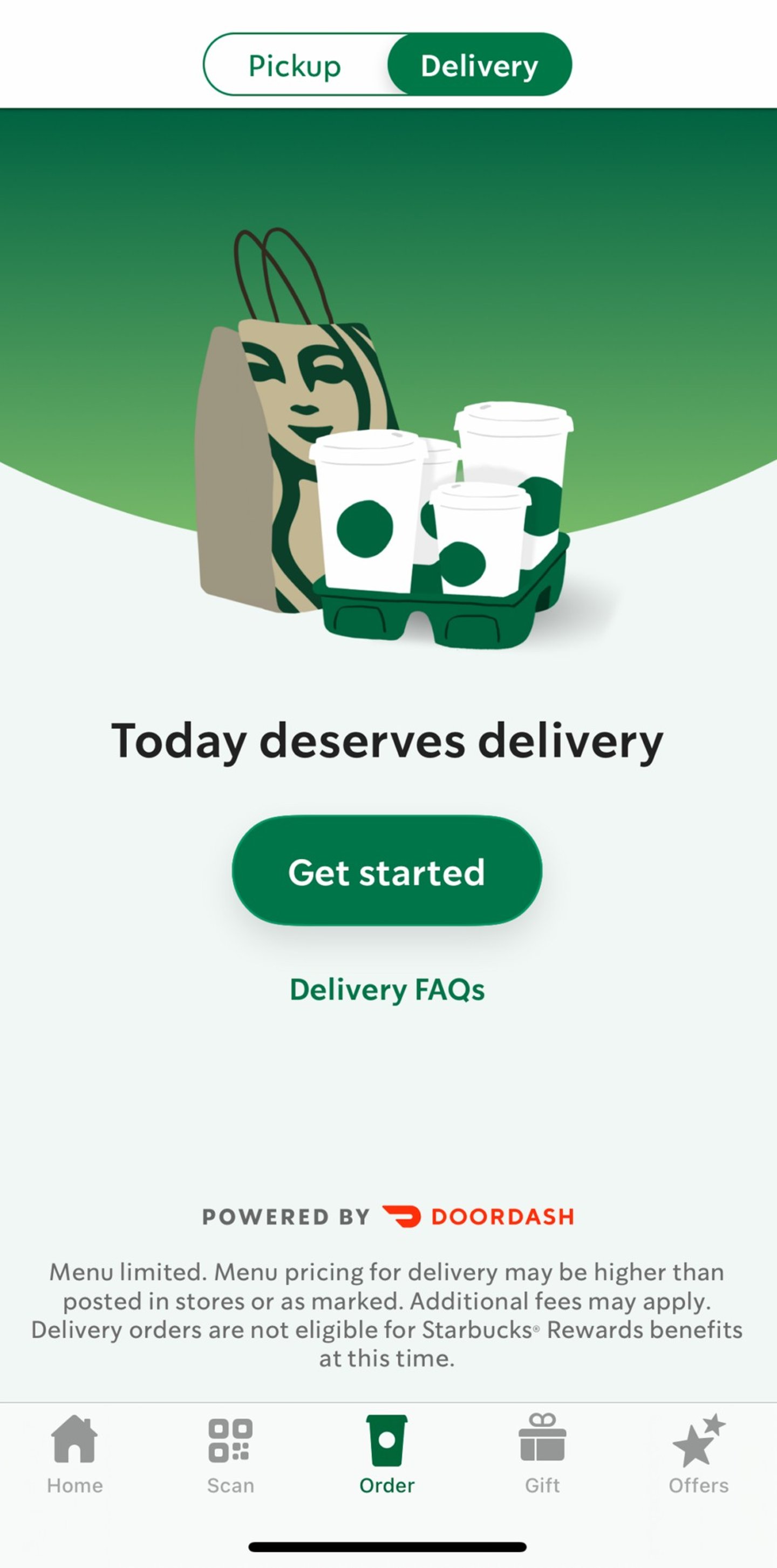 Starbucks DoorDash delivery app screen