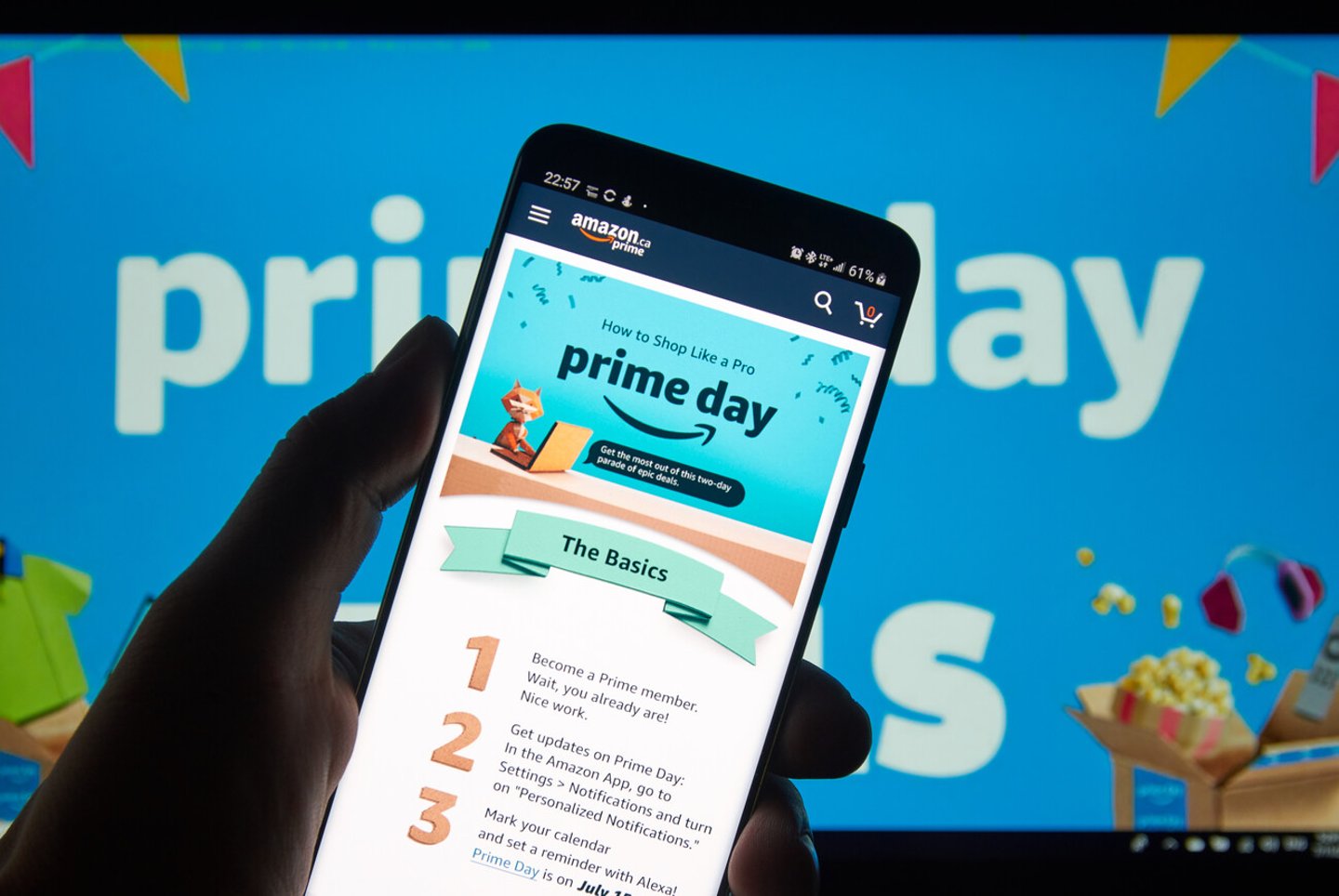 MONTREAL, CANADA - JULY 11, 2019 : Amazon prime day instruction on how to shop like a pro on a cell phone. Amazon Prime Day is the retailers big members-only summer sale in month of July each year; Shutterstock ID 1450023299