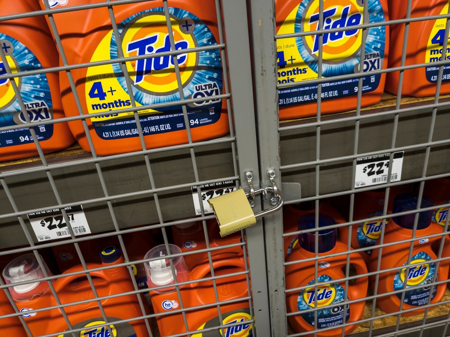 New York NY USA-July 5, 2023 Packages of Procter  Gamble's Tide detergent are locked up to deter shoplifters in a store in New York; Shutterstock ID 2327892321