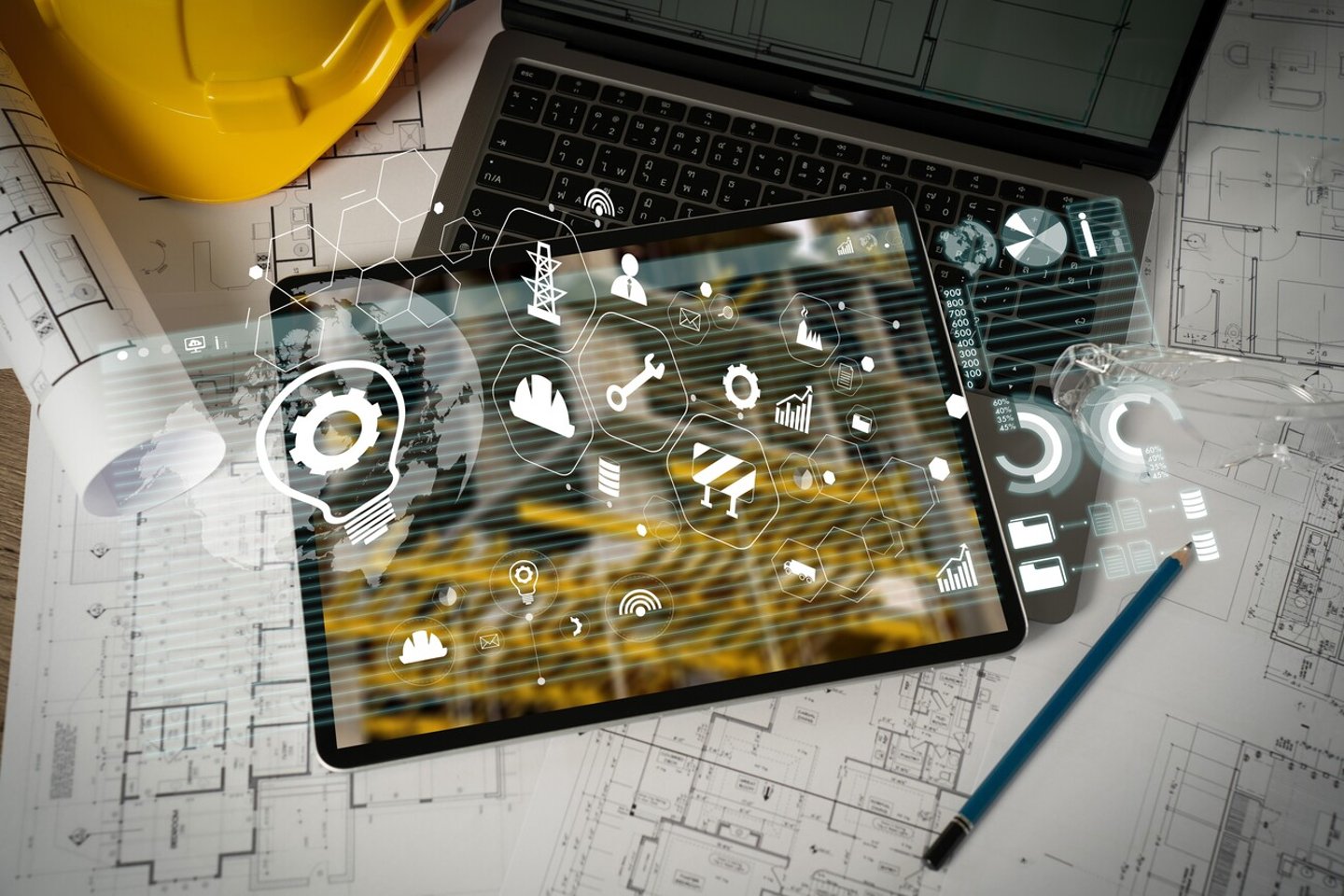 Engineer architect industry 4.0 using tablet construction site, industrial and innovation infographic at building futuristic architect control innovation safety design; Shutterstock ID 2353165979