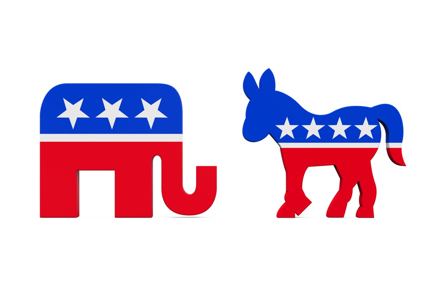 Democrat Donkey and Republican Elephant. 3D rendering; Shutterstock ID 473764057