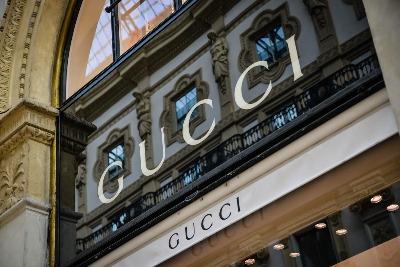 Milan, Italy - September 24, 2017:  Gucci store logo, Milan Galleria Vittorio Emanuele II. ; Shutterstock ID 728413471