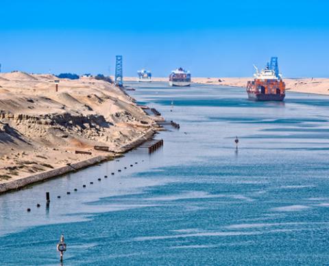 Ship's convoy passing through Suez Canal